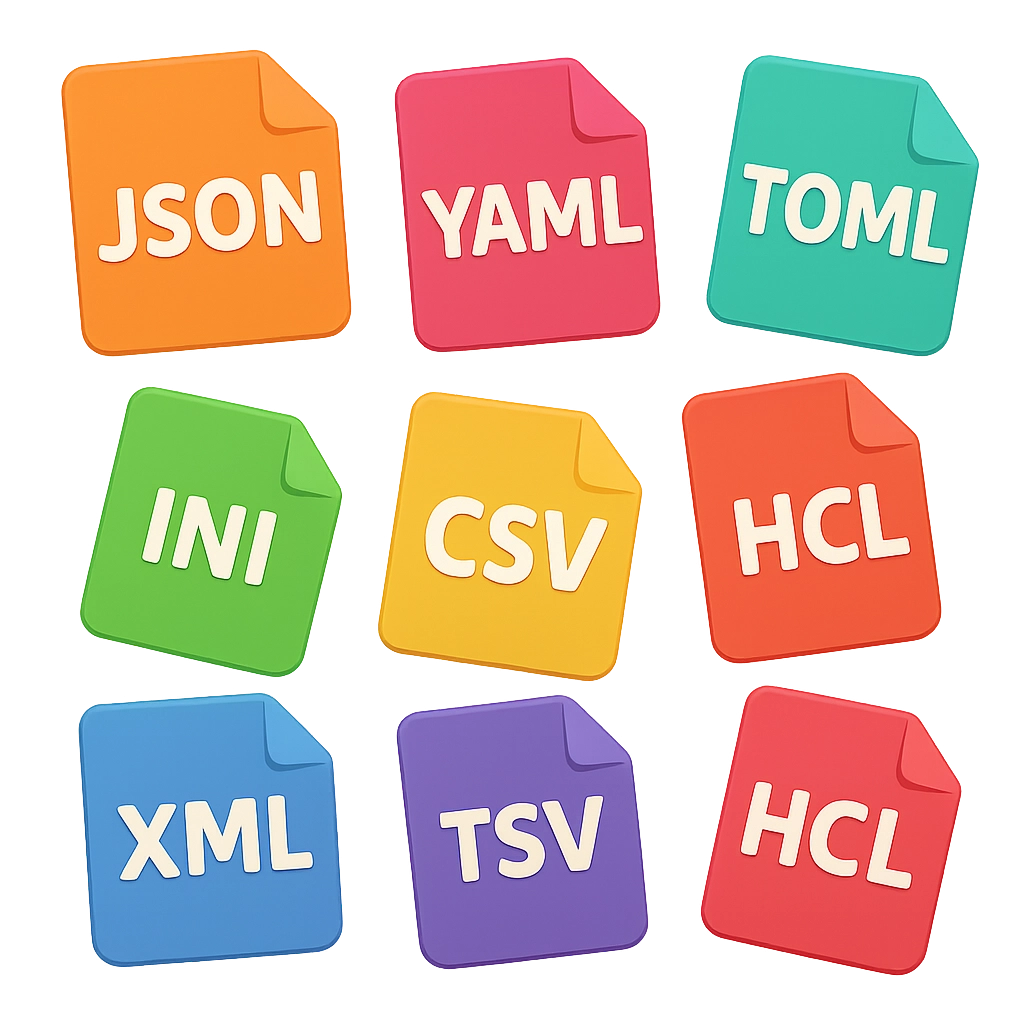 Grid of file format icons including JSON, YAML, TOML, INI, CSV, HCL, XML, TSV in colorful squares