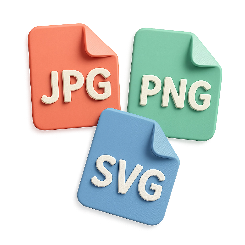 Three export format icons - JPG, PNG, and SVG - arranged in a triangular layout with 3D effect