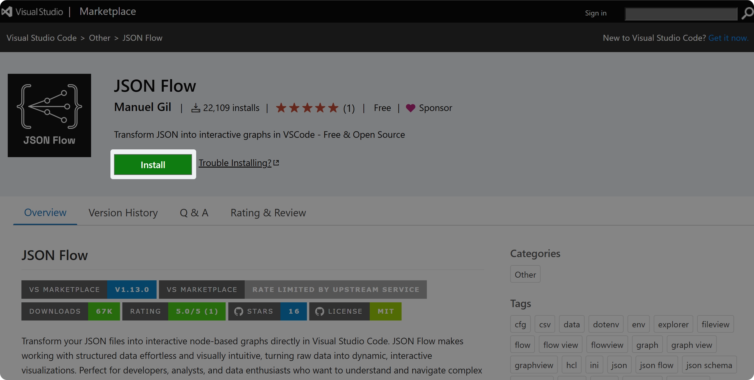 VS Code extension marketplace showing the JSONFlow extension installation page with install button
